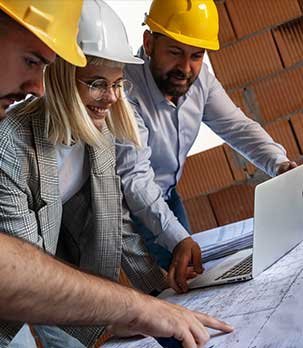 Construction team reviewing roofing project plans with laptop.
